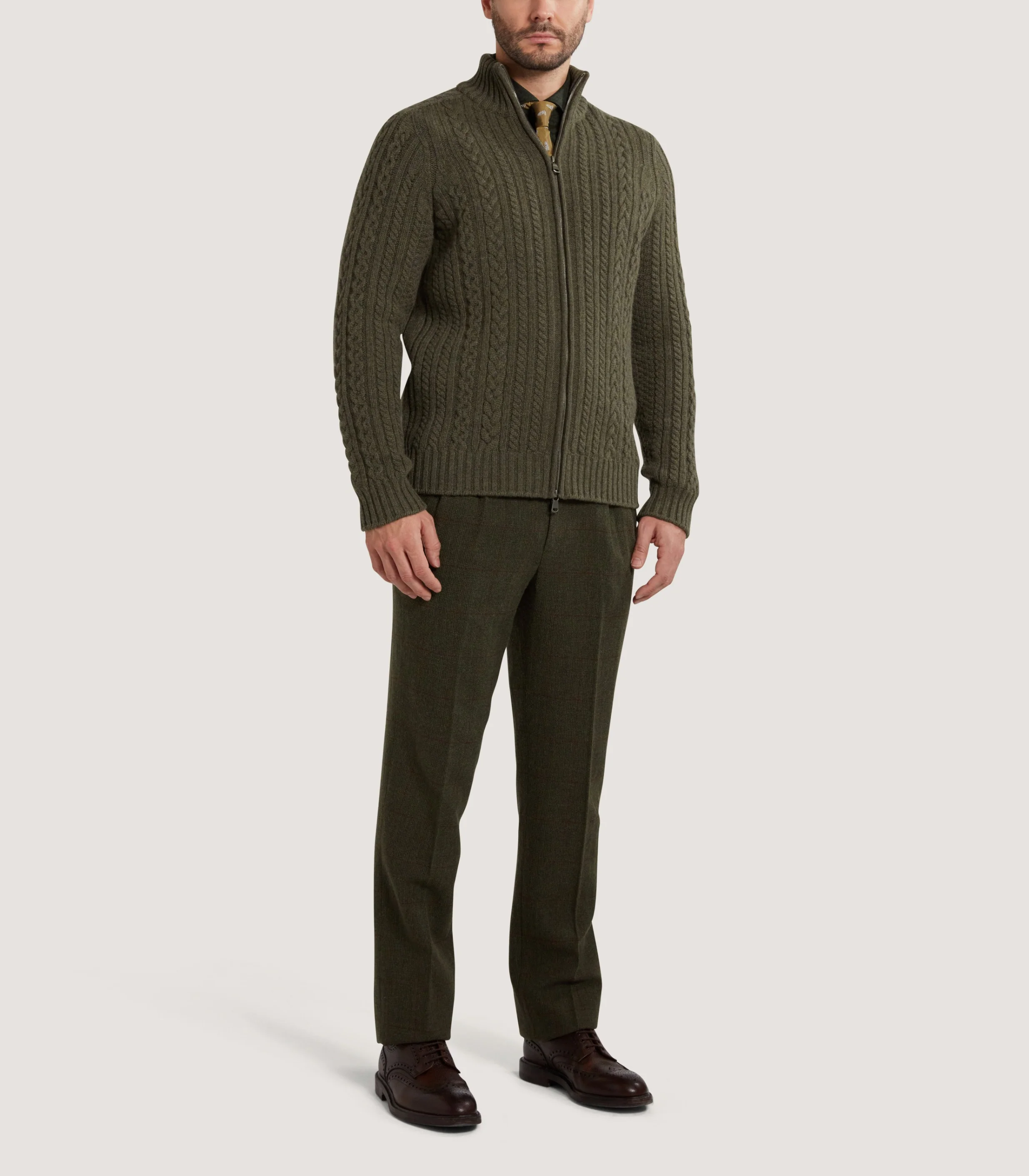 Men's Burlington Wool Cashmere Cable Knit Zip Cardigan in Moss - Image 2