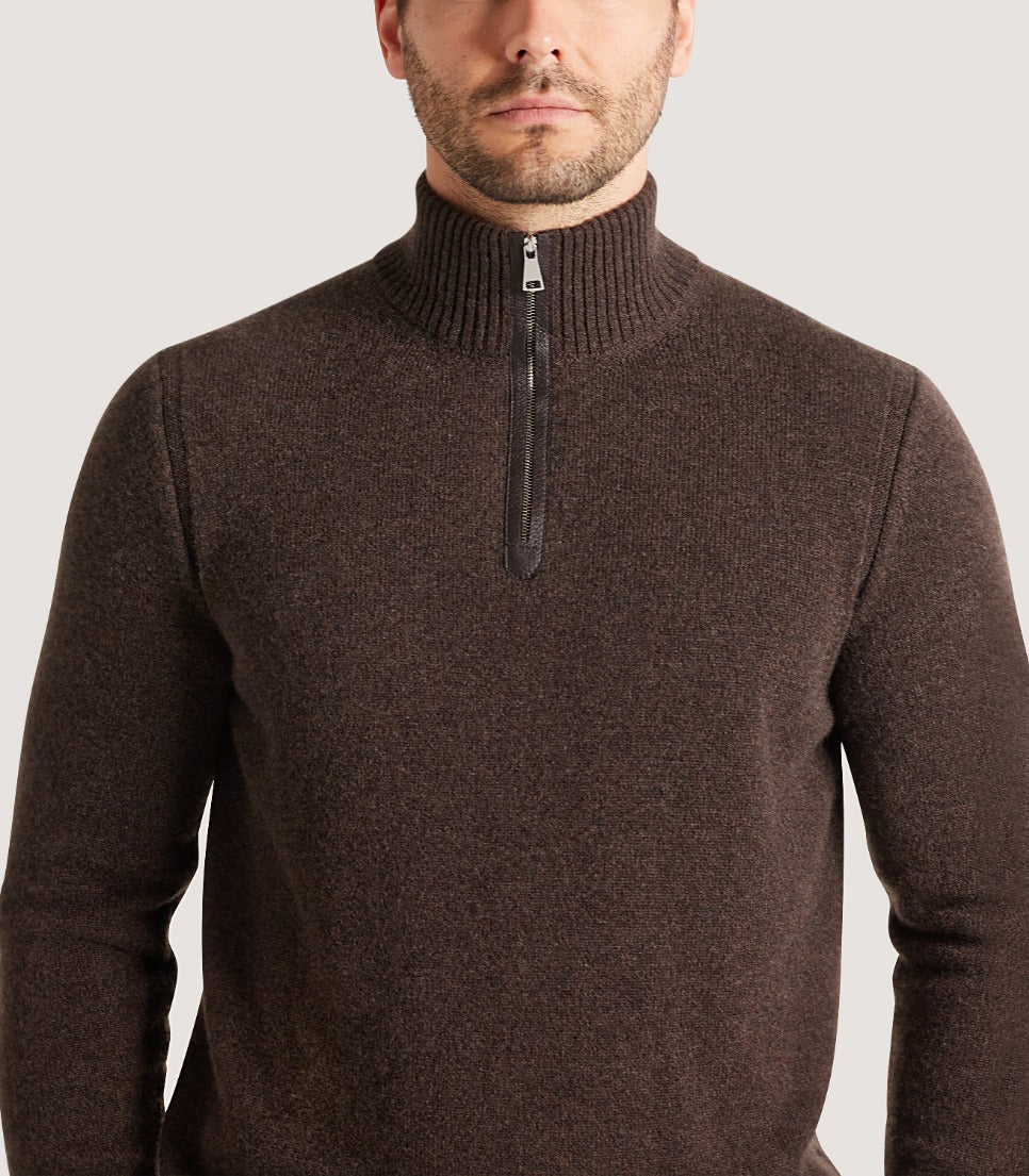 Men's Cashmere Quarter Zip Sweater in Walnut - Image 5
