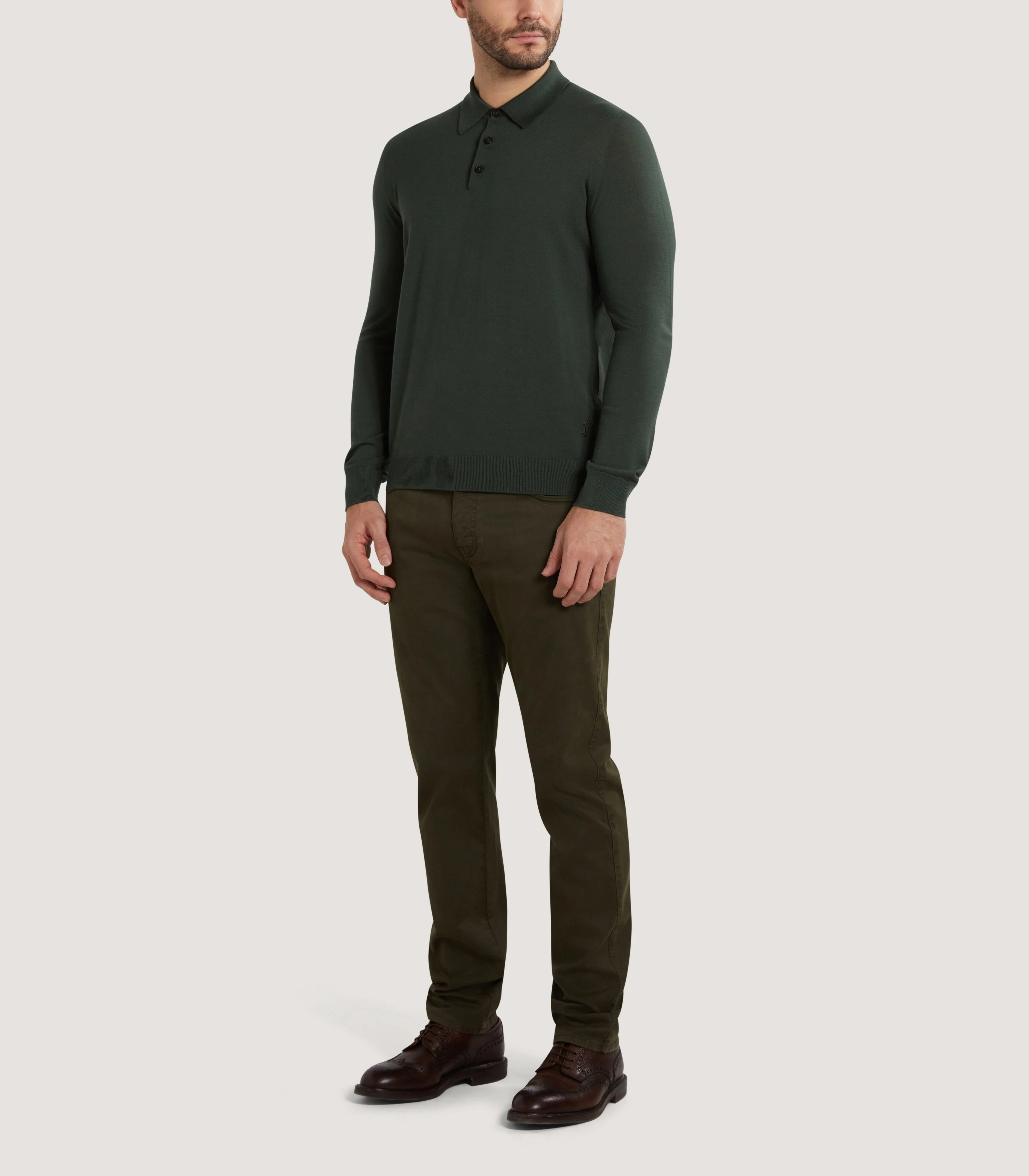 Men's Lightweight Travel Merino Long Sleeve Polo in Loden - Image 2