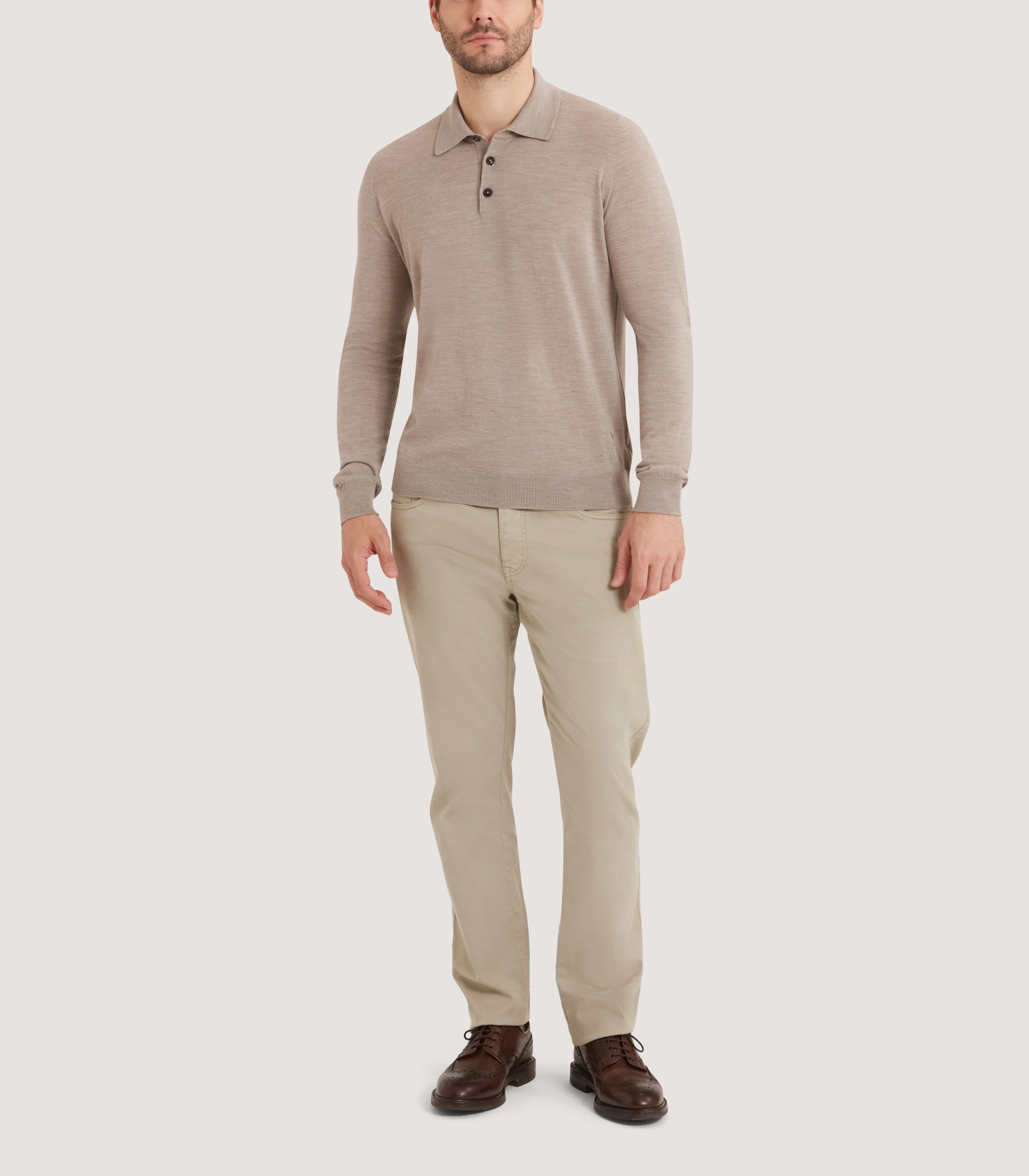 Men's Lightweight Travel Merino Long Sleeve Polo in Taupe - Image 2