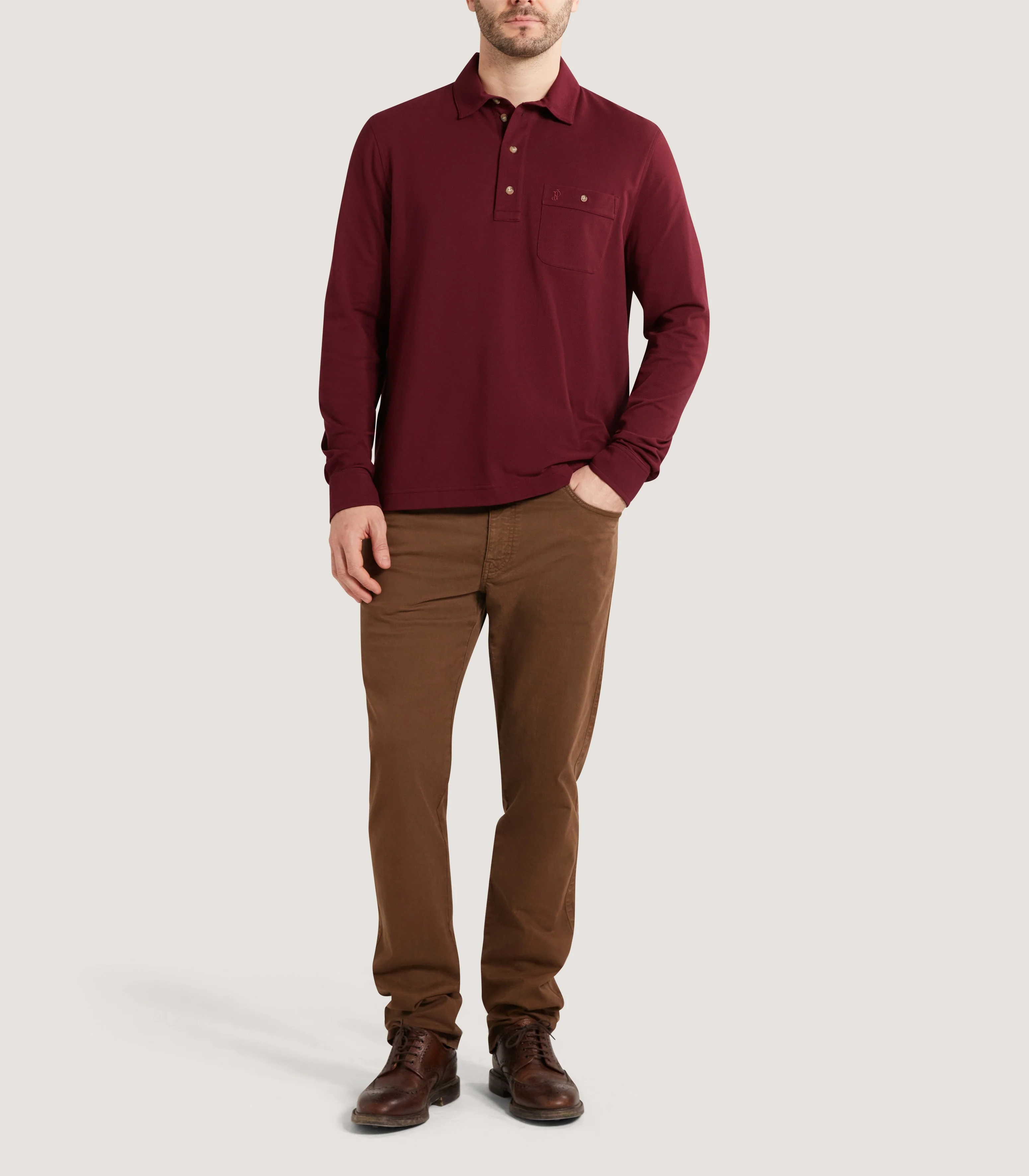 Men's Long Sleeve Polo Shirt in Audley Red - Image 2