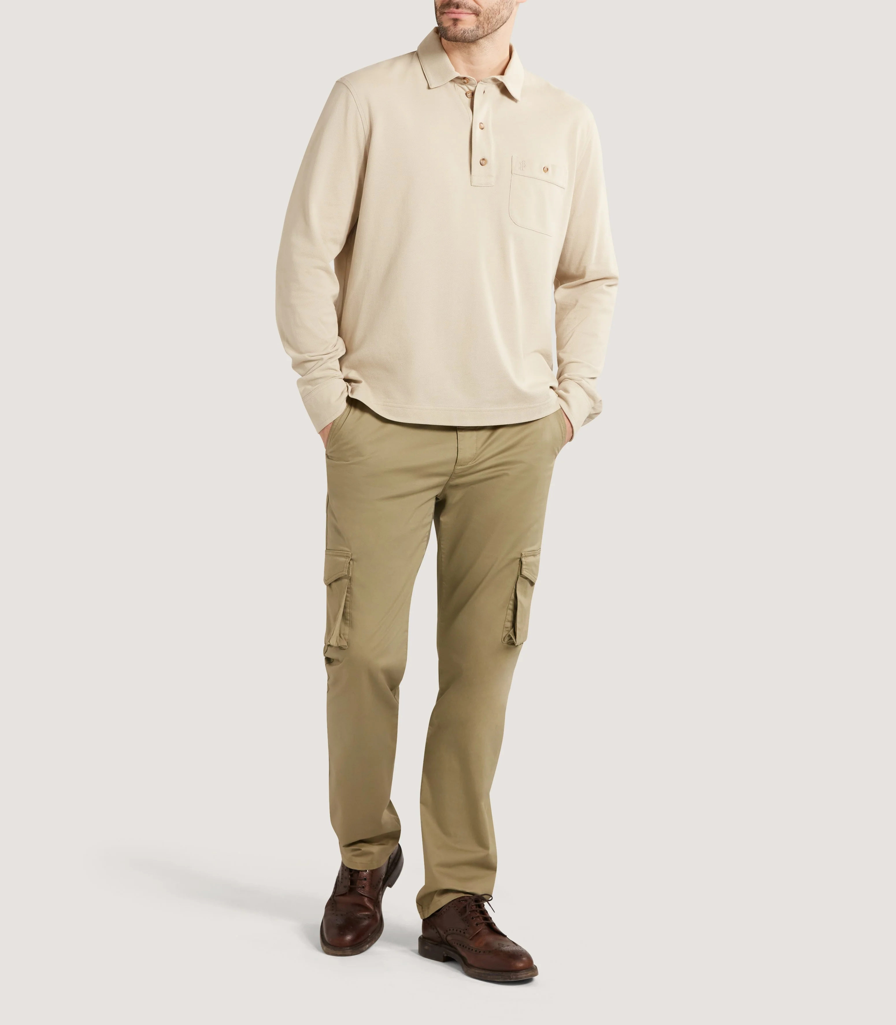 Men's Long Sleeve Polo in Stone - Image 2
