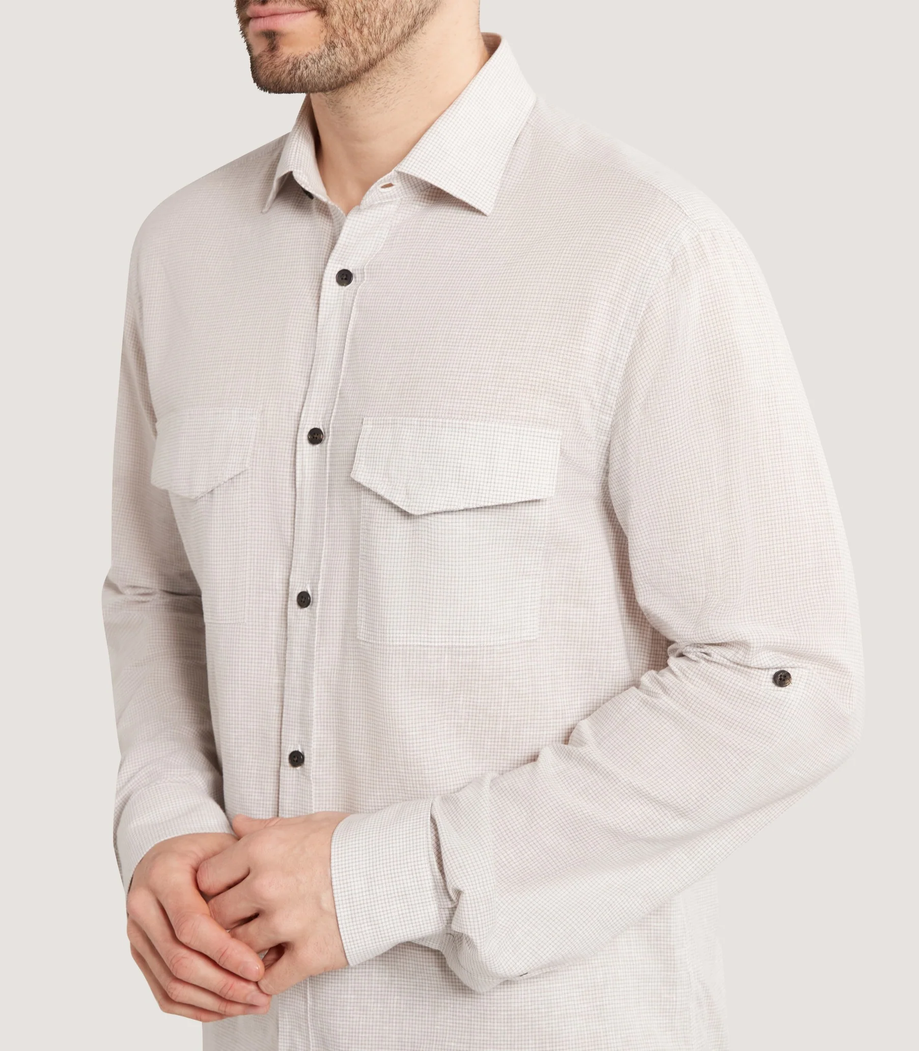 Men's Small Tattersall Check Utility Shirt in Taupe - Image 6