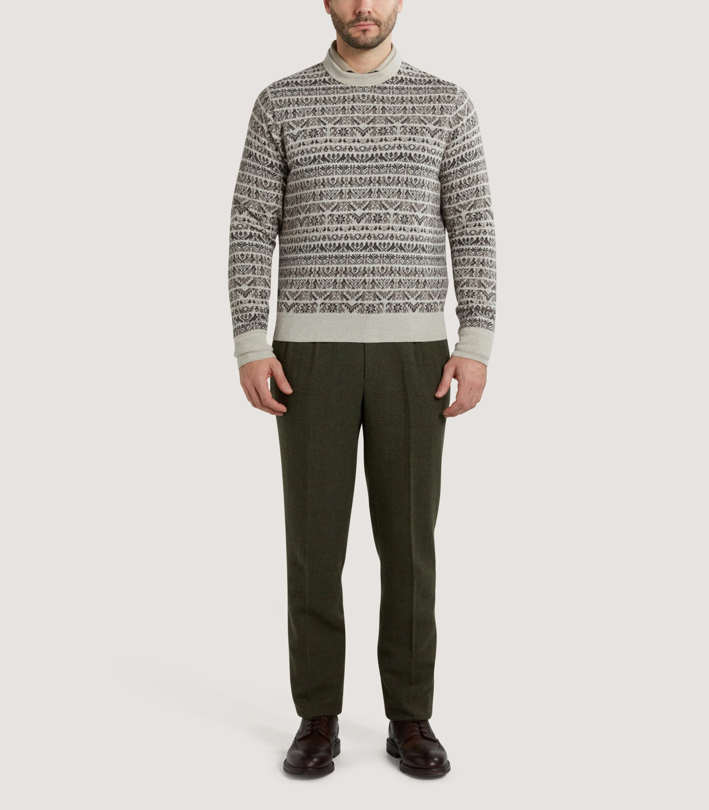 Men's Vigo Wool Fairisle Bird Sweater in Pebble - Image 2