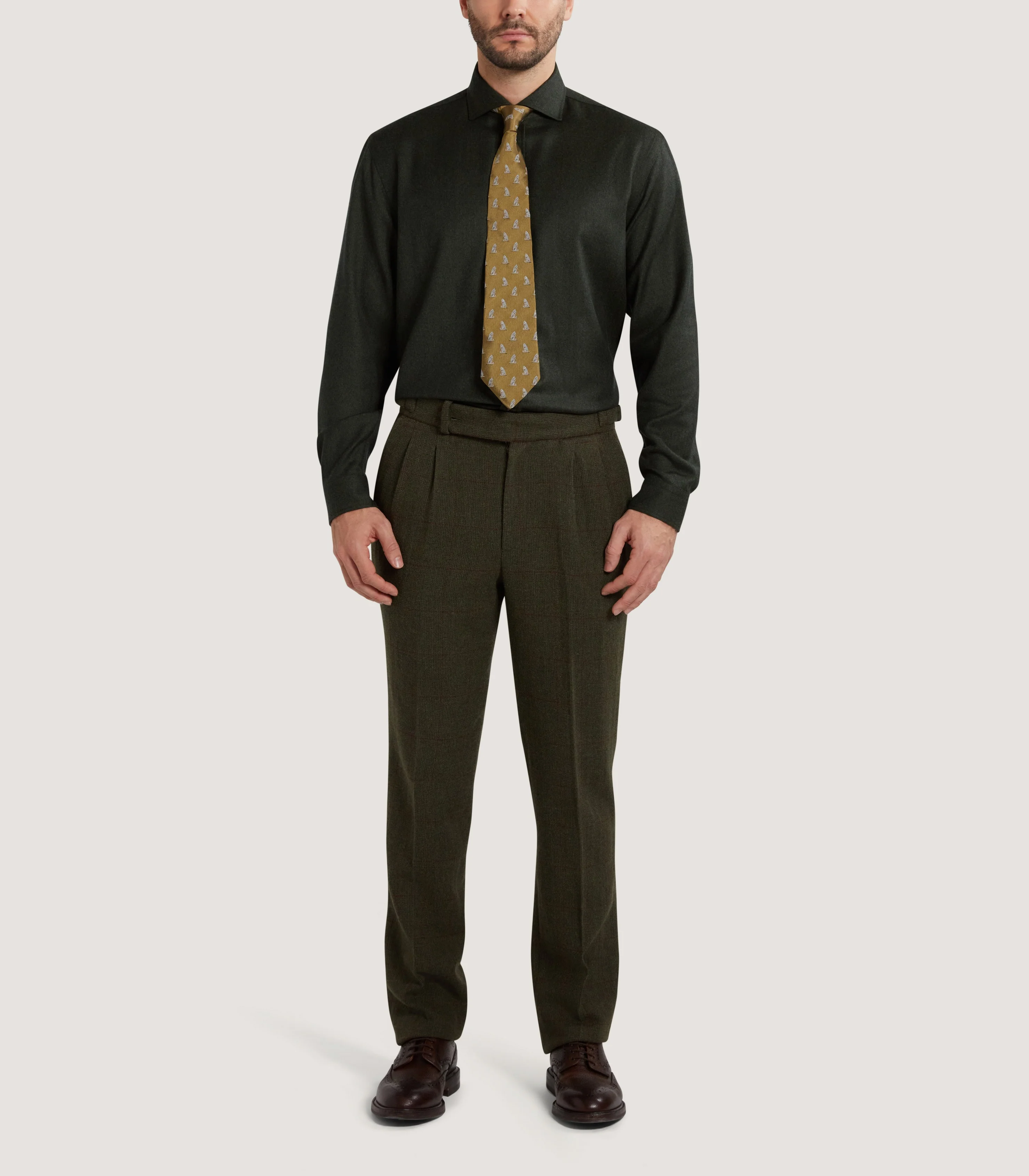 Men's Wool Cut Away Collar Shirt in Bottle Green - Image 2