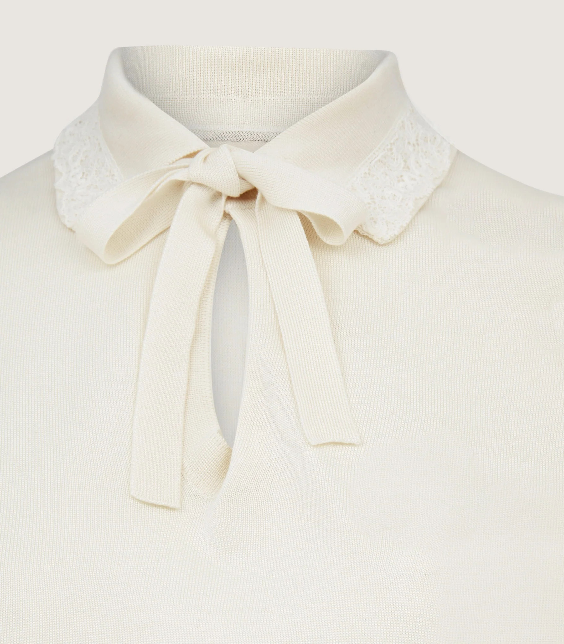 Women's Silk Jersey Polo Shirt with Lace Trim in Ivory - Image 4