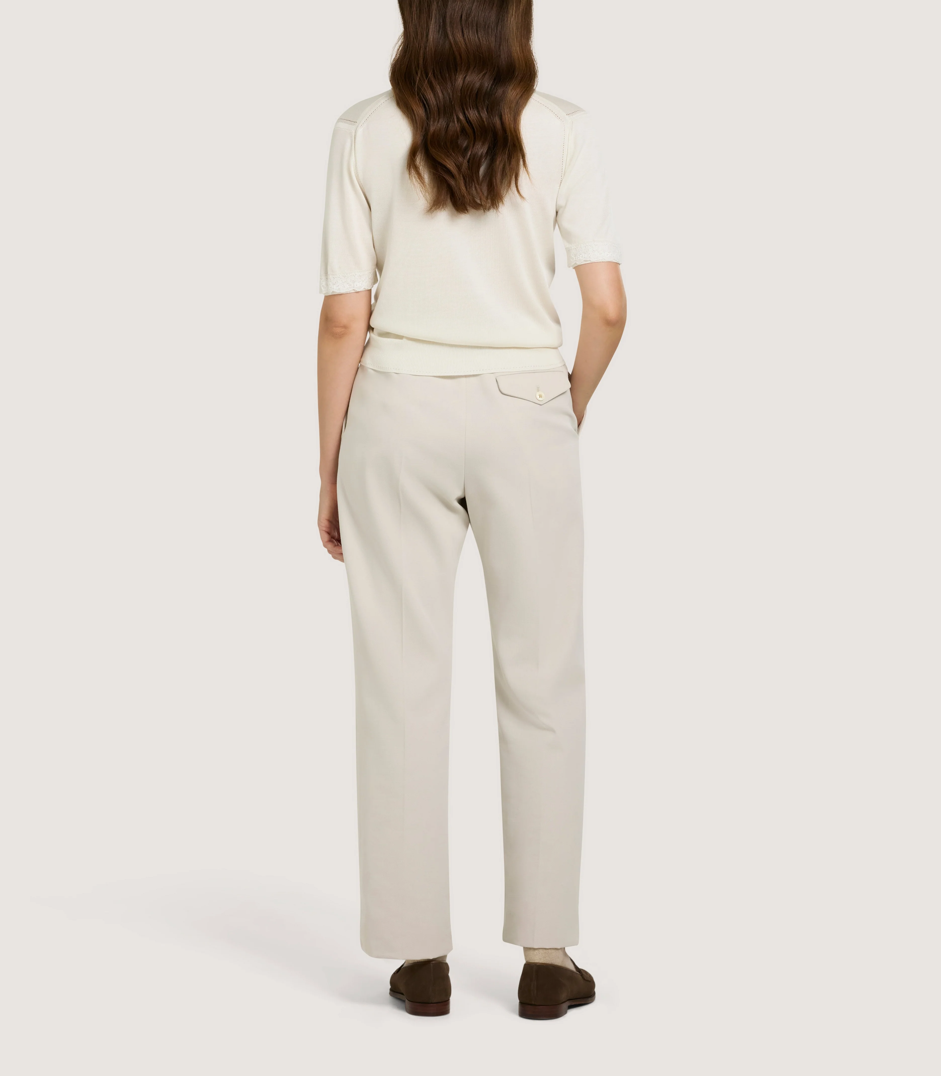Women's Silk Jersey Polo Shirt with Lace Trim in Ivory - Image 5