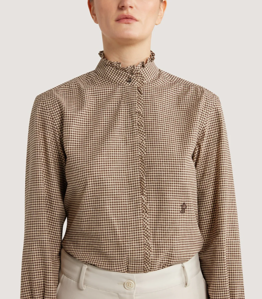 Women's Micro Check Cotton Pie Crust Shirt in Walnut - Image 5